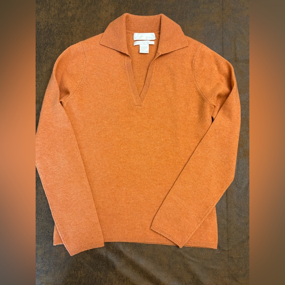 Giovanna 100% 2 Ply Cashmere Sweater Burnt Orange Collared V Neck‎ Small